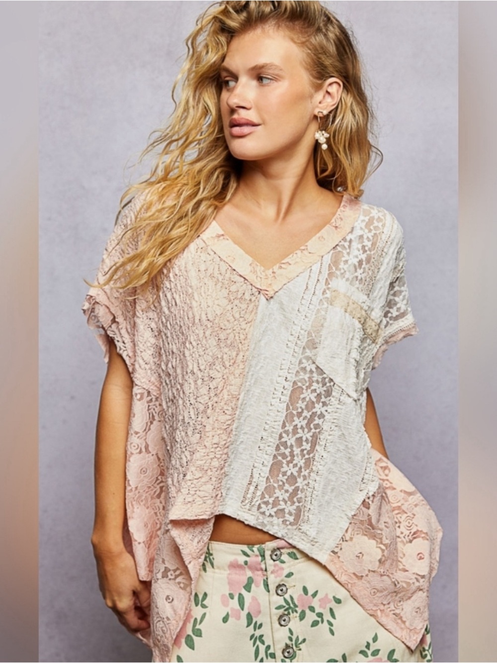POL Blush Floral Lace Patchwork Top